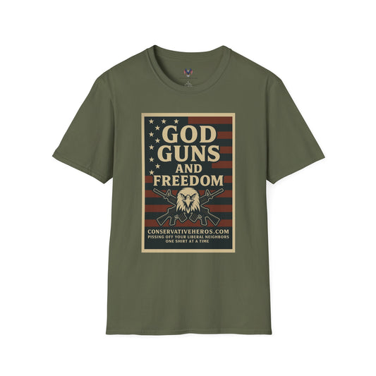 God Guns Freedom T-Shirt | Patriotic Tee for Gun Lovers | Softstyle Shirt for Celebrations | Gift for Veterans